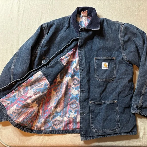 Carhartt “Southwest Look” Washed Denim Blanket-Lined Chore Coat (CB1003) - Picture 1 of 16